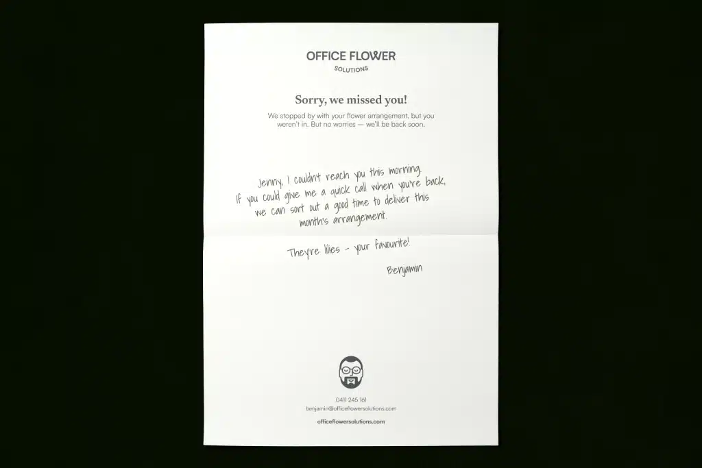 Floral brand identity for Office Flower Solutions — sorry-we-missed-you note design for the flower rental service in Melbourne.
