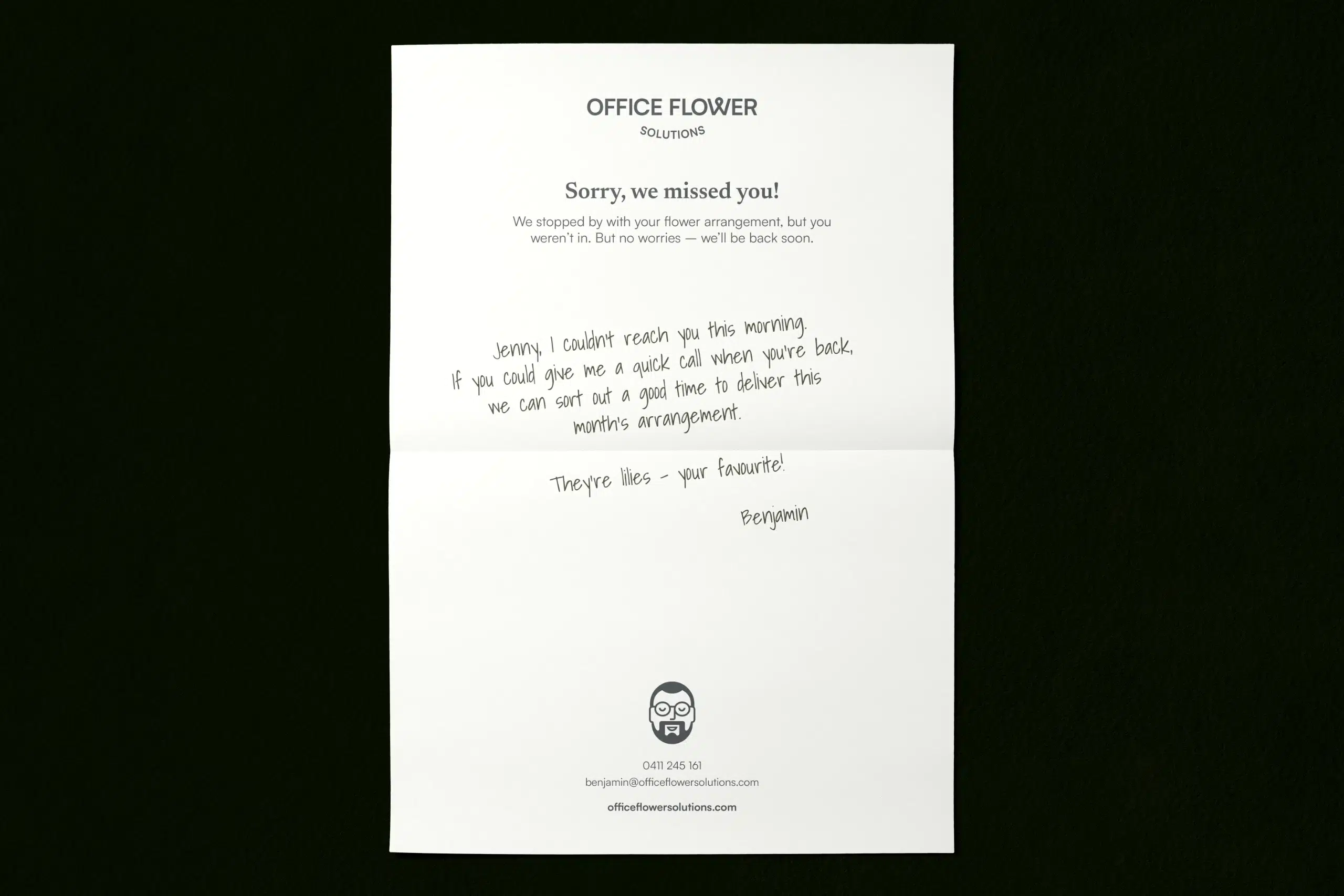 Sorry-we-missed-you-note designed for Office Flower Solutions in the branding we created for the flower rental service