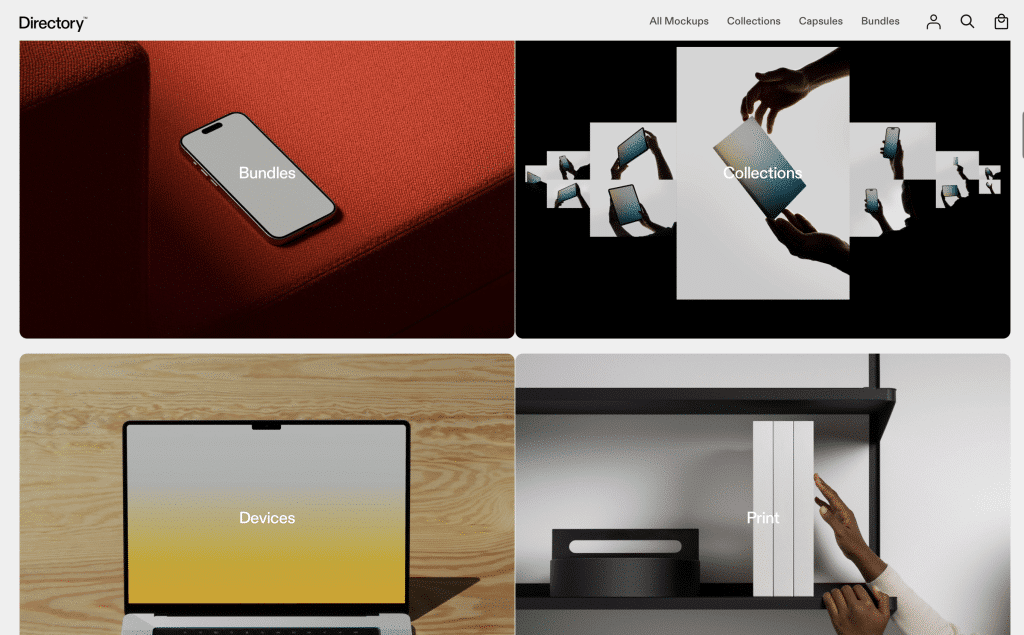 Premium-Mockup-Website Directory, die hochwertige Device- und Print-Mockups mit atmosphärischer Beleuchtung und cleanen Kompositionen zeigt.