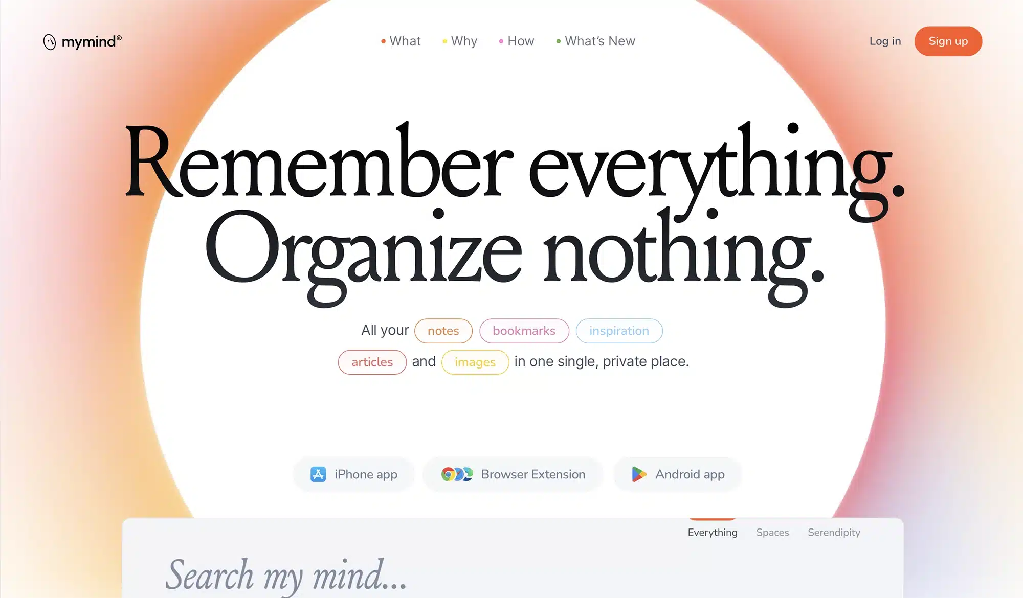 Screenshot der Startseite von MyMind. Die typografische Hierarchie ist hier ganz klar: Eine große Serifenschrift dominiert als Überschrift, gefolgt von einer Unterüberschrift und den Navigationselementen.