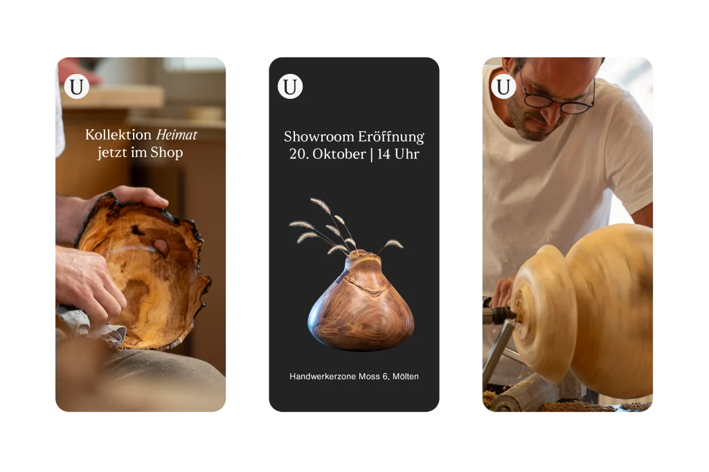 Holzhandwerk Branding für UnikaTops — Social-Media-Screens mit der angewandten Markenidentität.