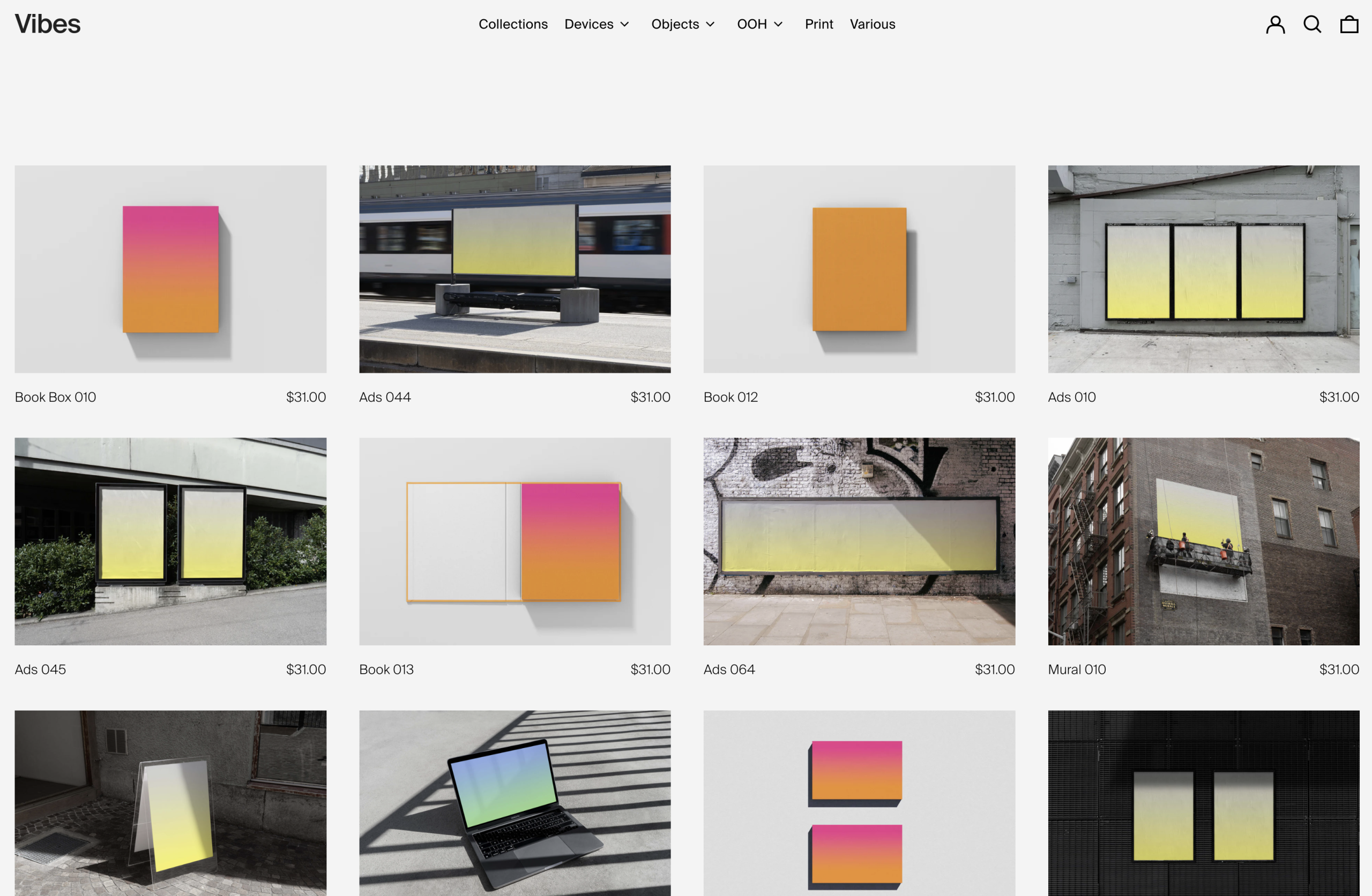Screenshot der Vibes-Mockup-Website mit einer kuratierten Auswahl hochwertiger Mockups für Designer
