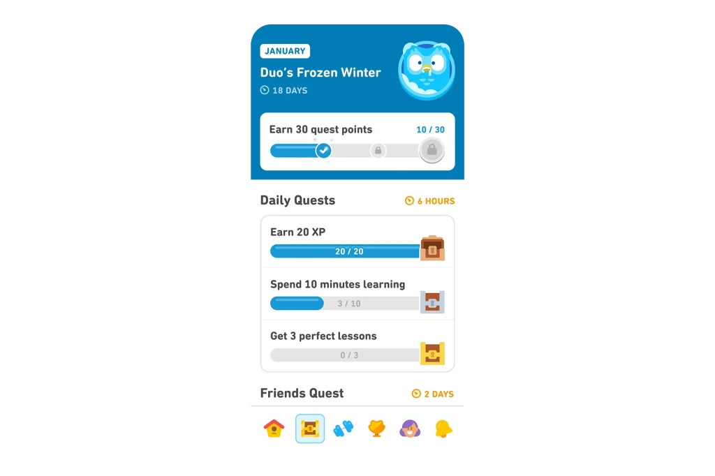 Duolingo's gamified app interface as an example for their brand positioning.