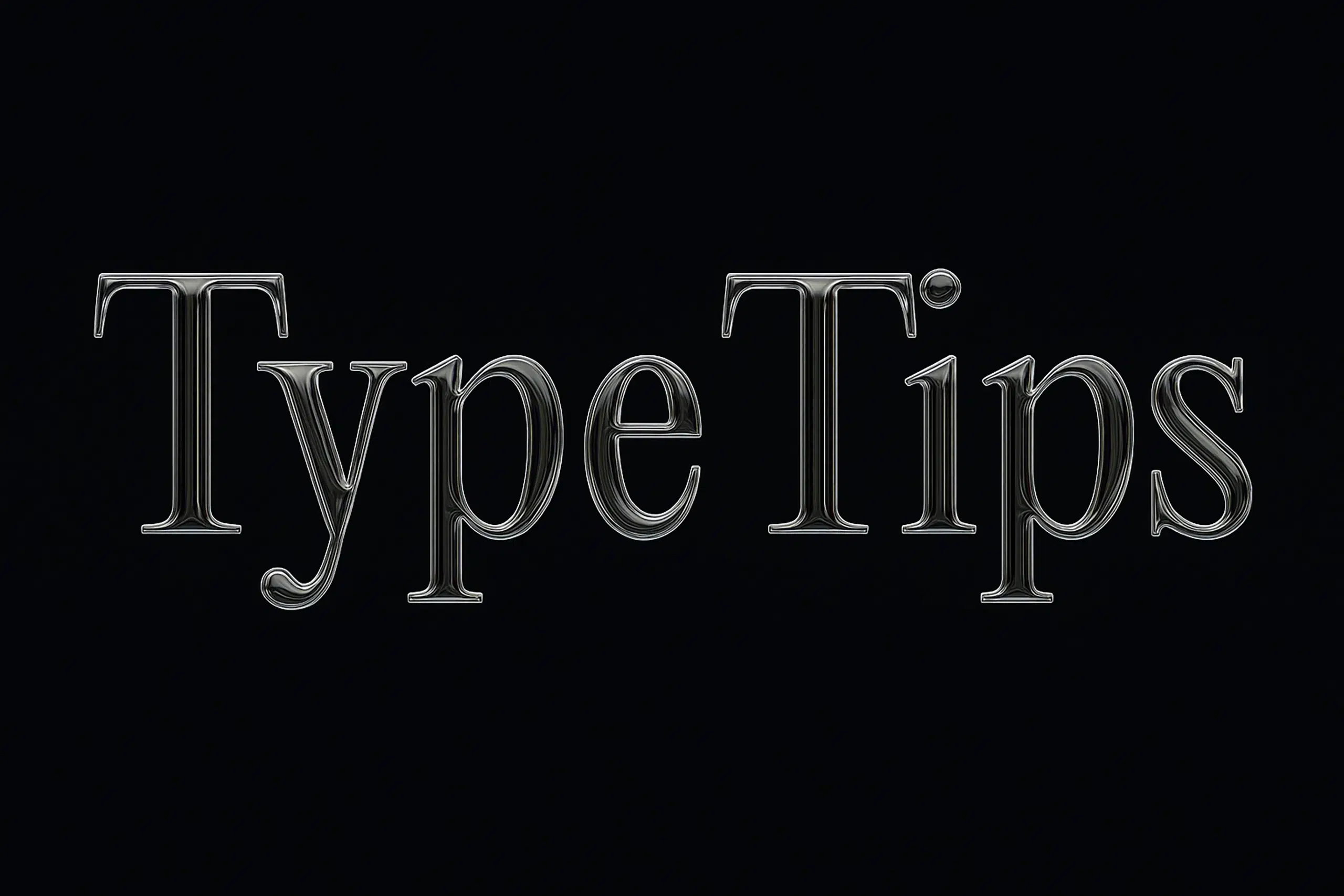 Das Bild zeigt den Schriftzug „Type Tips“ in der Schriftart Editorial New, auf den in Photoshop ein Glas-Filter angewendet wurde. Die Schrift ist zentriert auf einem schlichten schwarzen Hintergrund. Dieses experimentelle Bild dient als Begleitmotiv für einen Blogartikel mit dem Titel „Typografie-Grundlagen: 20 Tipps, um deine Typografie-Skills zu verbessern“.