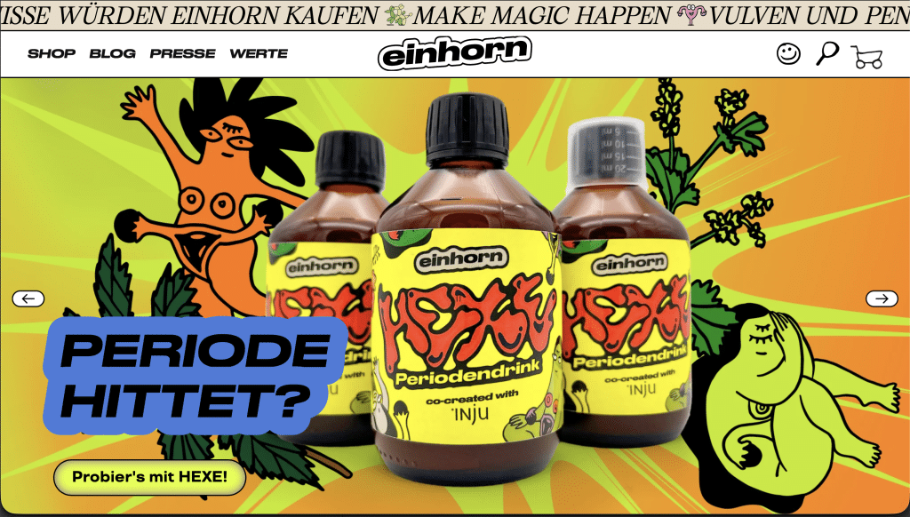 Einhorn homepage featuring colorful period product packaging, with red and yellow colors.