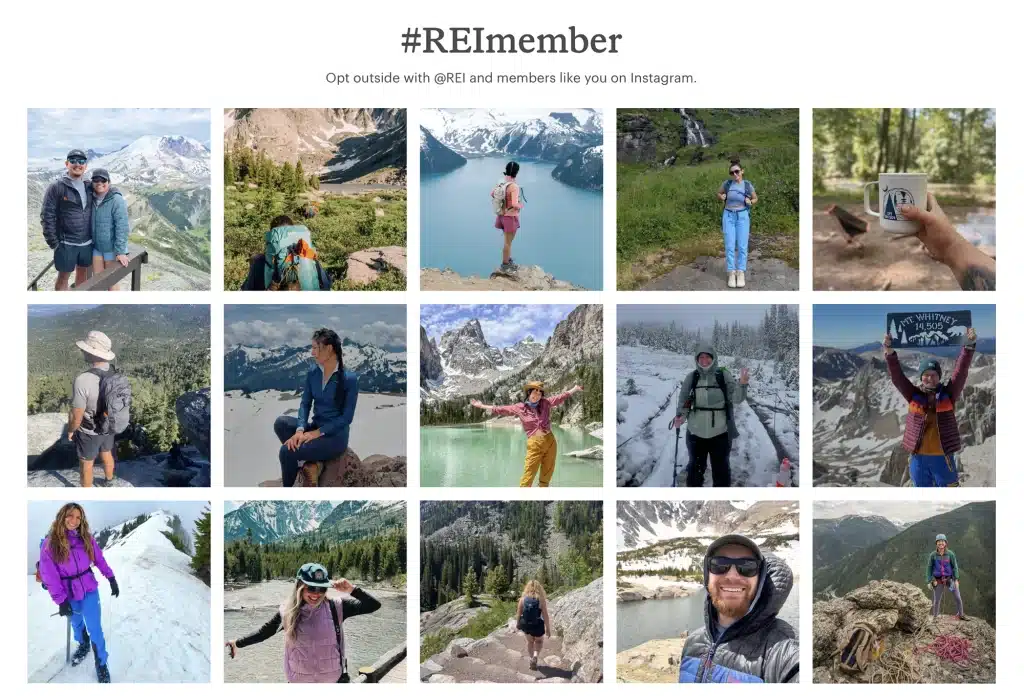 REI #REImember social media campaign showing grid of 15 user-generated outdoor adventure photos with hikers, mountain lakes, and wilderness scenes, encouraging members to opt outside and share experiences on Instagram