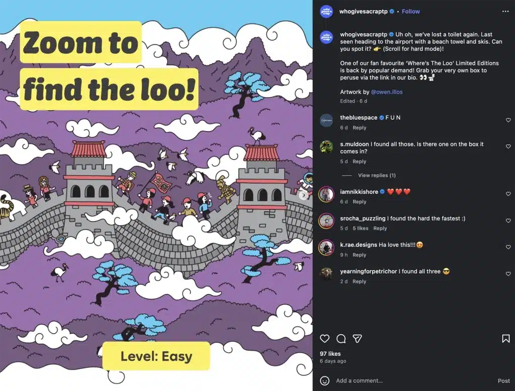 Who Gives A Crap Instagram post featuring illustrated "Where's Waldo" style puzzle with purple mountains, Chinese pagodas, and text "Zoom to find the loo!" - playful branded content encouraging follower engagement