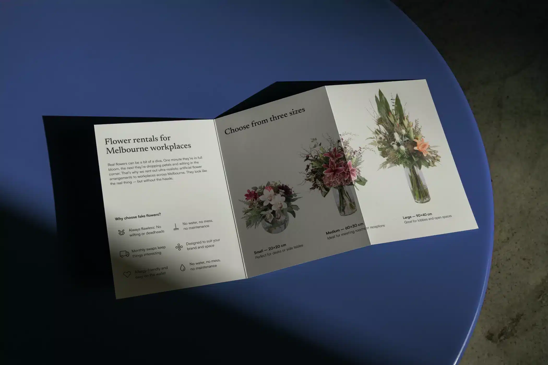 Branding for small businesses example: brand collateral brochure designed for Office Flower Solutions, a Melbourne artificial flower subscription service