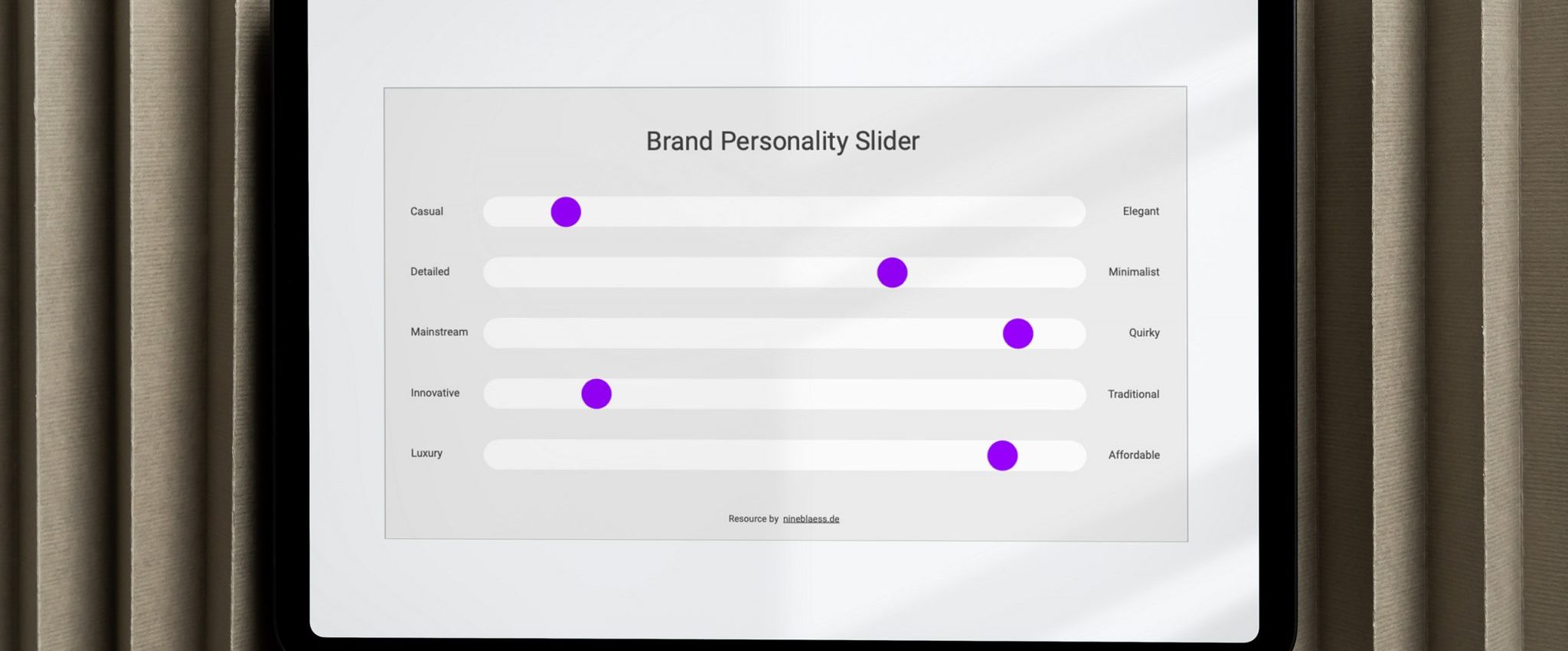 Brand Personality Slider Template for Google Slides shown on a tablet screen.