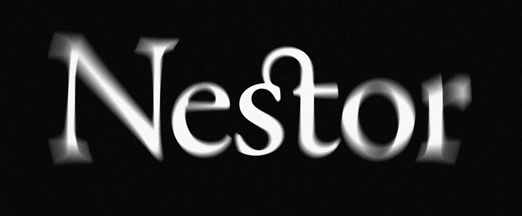 The image shows a logo for an imaginary company called 'Nestor', white on black. It uses radial blur as a metaphor for vector vs raster file formats, as its sharp in the middle and blurred on the edges, somewhat like a raster file. Its introducing the article 'Logo File Formats: Everything You Need to Know.'