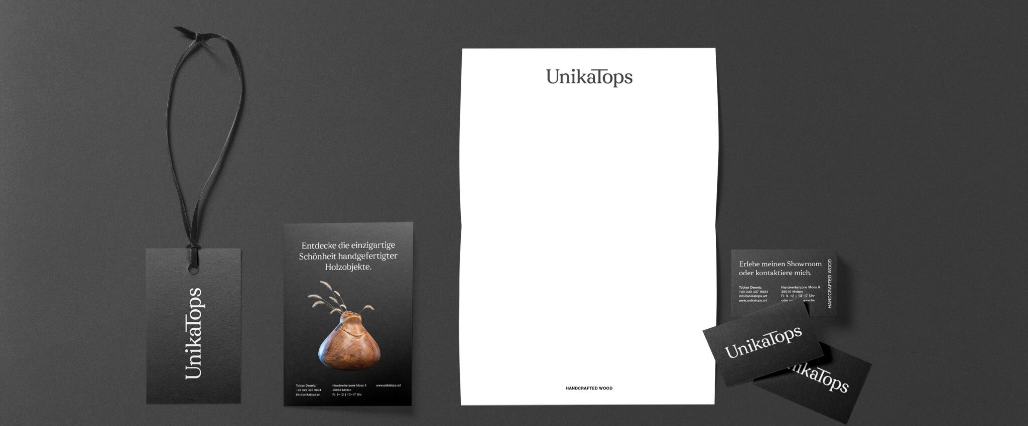 Brand collateral designed for woodworking artist Unikatops.